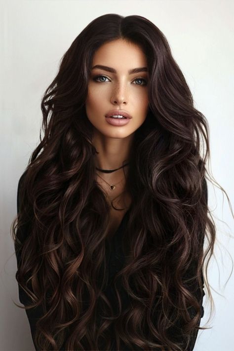 Long Haircuts Dark Hair, Romantic Curls Long Hair, Long Hairstyles Volume, Dark Brown With Black Highlights, Big Soft Curls For Long Hair, Dark Chocolate Brown Hair Color Rich Brunette, Elegant Brown Hair, No Bleach Balayage Black Hair, Fall Hair Cuts For Long Hair