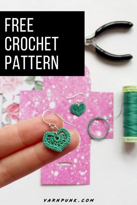 Learn how to make your own accessories with these lovely micro-crochet heart earrings! Create your own set with this free crochet pattern! This basic and beginner friendly DIY project is perfect for any crocheter that enjoys smaller work. A standout piece that will turn heads and makes for great crochet jewelry.  It can work up quickly. Working with simple stitches, the single crochet, any color will look great in your wardrobe! You will need to have ear wires and jump rings! Easy Crochet Earrings Free Pattern, Crochet Earrings Free Pattern Easy, Crochet Hearts Pattern Free, Small Crochet Ideas Simple, How To Make Earrings For Beginners, Simple Crochet Ideas For Beginners, Crochet Wear, Crocheted Stuff, Crocheted Jewelry