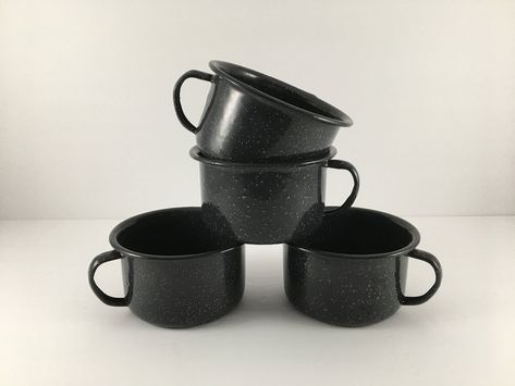 Vintage Set of Black Speckled Enamelware Mugs Camping Coffee Cups Kitsch Kitchen, Enamel Cup, Enamel Mugs, Vintage Enamelware, Camping Coffee, Enamel Mug, Cup Design, Baskets On Wall, Cups And Mugs