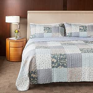 SLPR Wildflowers 3-Piece Queen Comforter Set (Queen Size Cotton Quilt with 2 Pillow Shams): Blue Country Patchwork Quilted Bedspread, Farmhouse Cabin Queen Bedding, Vintage Lodge Bedspread Coverlet