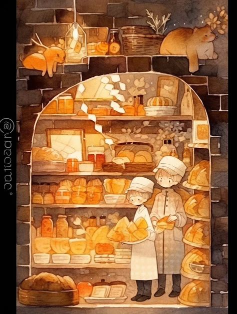 Kitchen Drawing Reference, Cute Bakery Drawing, Anime Bakery Aesthetic, Bakery Aesthetic Anime, Bakery Art Drawing, Bakery Concept Art, Bakery Aesthetic Illustration, Anime Bakery, Bakery Drawing Illustration