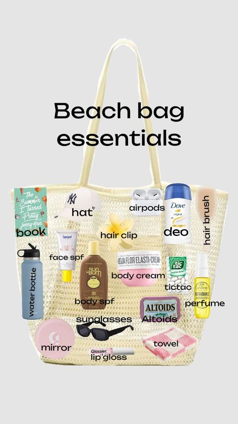 beach bag essentials Beach Bag Necessities, What To Put In My Beach Bag, Beach Day Bag Essentials, What To Put In A Beach Bag, Beach Supplies List, Pool Bag Essentials List, Summer Beach Essentials, Pack My Beach Bag With Me, Lake Bag Essentials