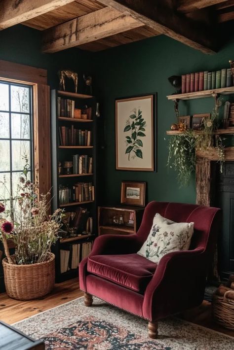 Cozy Living Rooms Moody, Dark Cottagecore Paint Colors, Dark English Cottage Interiors, Midcentury Modern Dark Academia, William Morris Living Room, Moody Jewel Tone Living Room, Cottage Core Living Room Ideas, Cottagecore House Aesthetic, Jewel Tone Home