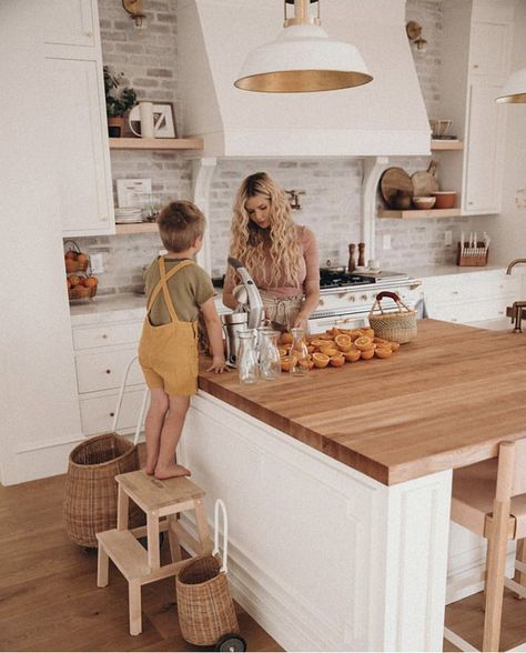 Butcher Block Island, Amber Fillerup Clark, Amber Fillerup, Fresh Kitchen, Brick Backsplash, Fixer Upper Style, Bathroom Design Inspiration, Dining Nook, White Cabinets