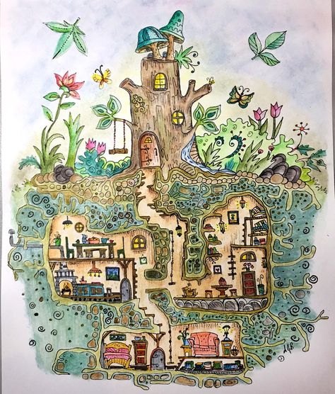 Fairy Tale Village Illustration, Gnome Village Art, Fairy Room Drawing, Whimsical House Painting, Cute Village Drawing, Fairy Town Drawing, Gnome House Drawing, Fairy Tree Houses Drawing, Fairy Village Drawing