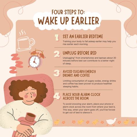 Tips To Wake Up Early, Tips Instagram Post, Wake Up Earlier, Marriage Therapy, Cognitive Behavior, Wake Up Early, Adequate Sleep, Relaxing Activities, Sleeping Habits