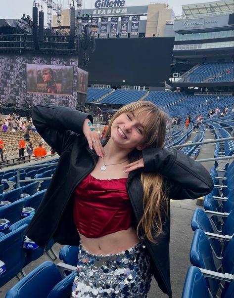 Mirrorball sequin skirt red corset top urban outfitters vintage leather jacket blue sequin thirteen on hand taylor swift Corset With Jacket Outfit, Corset With Jacket, Urban Corset, Red Corset Top, Red Corset, Vintage Leather Jacket, Cute Outfit, Eras Tour, Corset Top