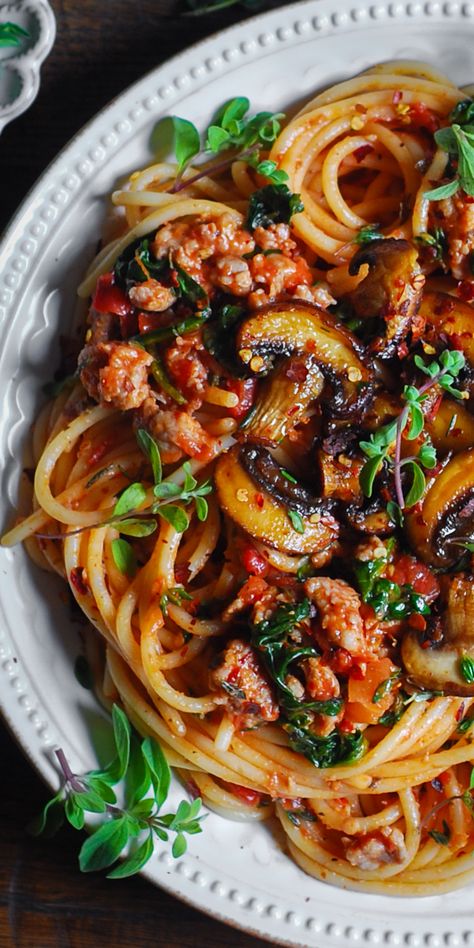 Sausage and Mushroom Pasta on a plate. Recipes With Sausage And Peppers, Pasta With Tomatoes And Spinach, Julias Album, Sausage Mushroom Pasta, Sausage And Mushroom Pasta, Julia's Album, Sausage Mushroom, Pasta With Tomatoes, Mushroom Recipes Pasta