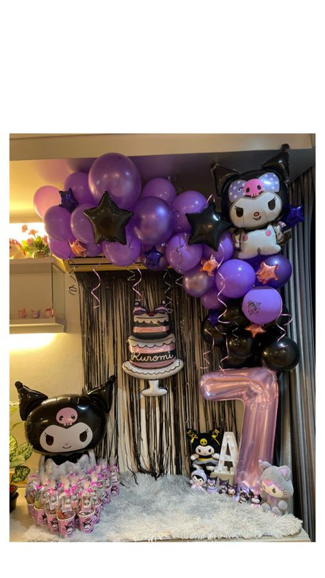 DIY Kuromi Backdrop Diy Kuromi, Kuromi Birthday, Balloon Bouquet Diy, Baby Coloring Pages, 20th Birthday Party, Friends Cake, Hello Kitty Birthday, 22nd Birthday, Birthday Wishes Cards