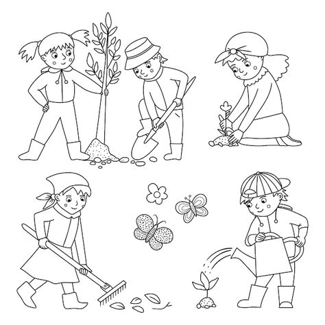 Garden Clipart Black And White, Watering Plants Drawing, Gardening Coloring Pages, Planting Drawing, Nursery Black And White, Gardening Drawing, Black And White Clipart, Swedish Weaving Patterns, Garden Clipart