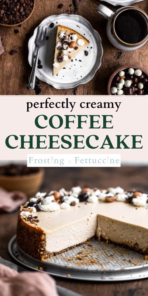 Cheesecake No Water Bath, Easy Cheesecake Recipe, Homemade Graham Cracker, Chocolate Covered Espresso Beans, Homemade Graham Cracker Crust, Coffee Cheesecake, Creamy Coffee, Easy Cheesecake Recipes, Easy Cheesecake