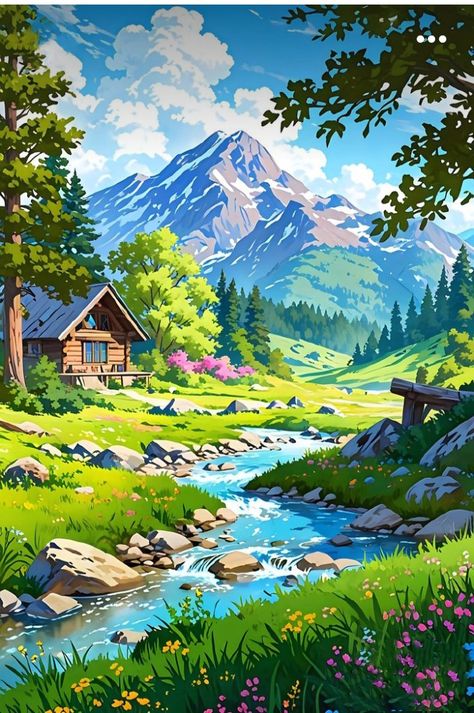 Mountain Landscape Illustration, Art Illustration Aesthetic, Cartoon Landscape, Nature Retreat, Wallpaper Digital Art, Drawing Scenery, Mountain Landscape Painting, Forest Scenery, Scenery Background