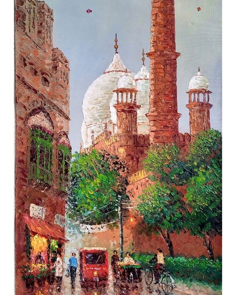 Badshahi-mosque-painting-at-art-galleries-in-pakistan Badshahi Mosque Photography, Badshahi Mosque Painting, Rice Branding, Masjid Art, Old Lahore, Pakistani Architecture, Lahore Fort, Architectural Paintings, Badshahi Mosque