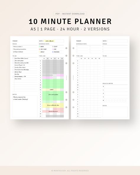 10 Minute Planner Printable, 10 Minute Planner, Gtd Planner, Time Blocking Template, Template Study, Daily Hourly Planner, Water Notes, Schedule Organizer, Table Planner