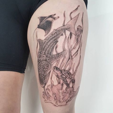 under the sea tattoo by sydney based tattoo artist @dalriadatattoos [via insta] #underthesea #turtletattoo #whaleshark #sharktattoo #mantaray #jellyfish Leg Ocean Tattoo, Sea Based Tattoos, Sea Life Leg Sleeve, Celestial Ocean Tattoo, Under Ocean Tattoo, Sea Life Tattoo Ideas, Thigh Tattoos Women Ocean, Mermen Tattoo, Under Sea Tattoo