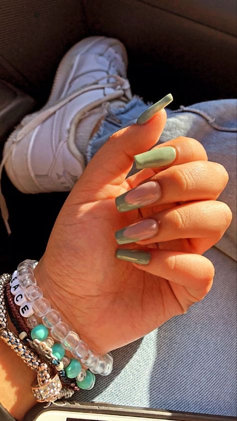 Green French Tip Coffin, Design Gel Nails, French Tip Coffin, Sage Green Nails, Green French Tip, Mauve Nails, Green Acrylic Nails, Green Nail Art, Green French