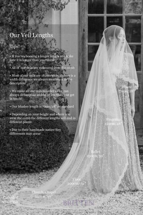 Helpful little image to help show veil lengths! Remember the lengths will look very different depending on your height! Veil Length Guide, Veil Lengths, Embroidered Wedding Veil, Bridal Cuff Bracelet, Bridal Embroidery, Juliet Cap, Chain Headband, Veil Length, Bride Veil