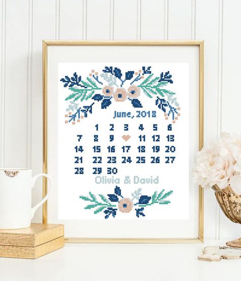 Cross Stitch Calendar, Wedding Sampler Cross Stitch, Stitch Wedding, Wedding Pattern, Cross Wedding, Wedding Calendar, Wedding Sampler, Wreath Cross, Sampler Cross Stitch