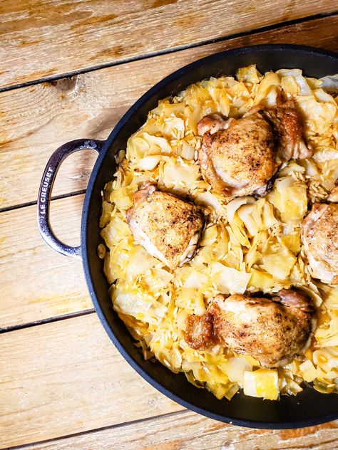 This SIMPLE CABBAGE AND CHICKEN THIGH SKILLET is a great weeknight meal! It is a quick dinner with barely any dishes everyone will love.⁠ ⁠ https://scrambledandscrumptious.com/simple-cabbage-and-chicken-thigh-skillet/ Chicken Thigh Skillet, What To Make With Chicken, Chicken Thigh Fillet Recipes, Skillet Chicken Thighs, Chicken Thighs Dinner, Bone In Chicken Thighs, Chicken And Cabbage, Meal Train Recipes, Roasted Chicken Thighs