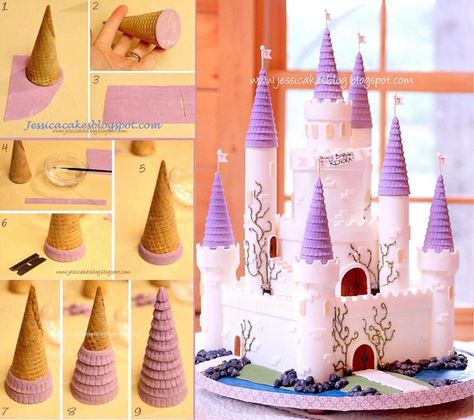 Princess cake, tower tutorial Castle Birthday Cakes, Sofia The First Birthday Party, Princess Castle Cake, Cake Tower, Disney Princess Cake, 4th Birthday Cakes, Unicorn Birthday Cake, Mini Tortillas, Castle Cake