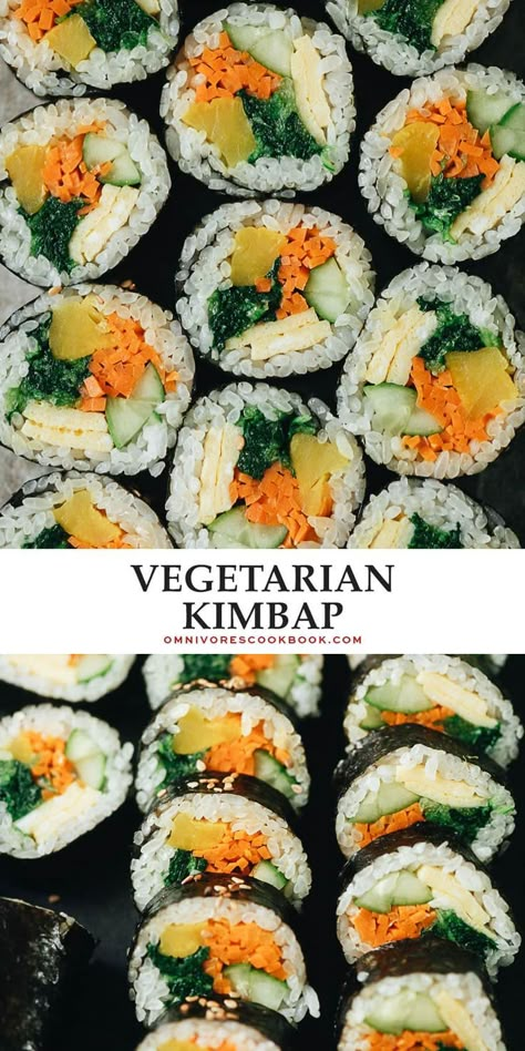 Vegetarian Kimbap is a Korean classic featuring egg, rice, and colorful veggies rolled in seaweed. {Gluten-Free, Vegan-Adaptable} Vegetable Kimbap, Vegetarian Kimbap, Easy Kimbap Recipe, Korean Vegetarian Recipes, Korean Vegetarian, Vegetarian Asian, Rice And Veggies, Korean Recipe, Egg Rice