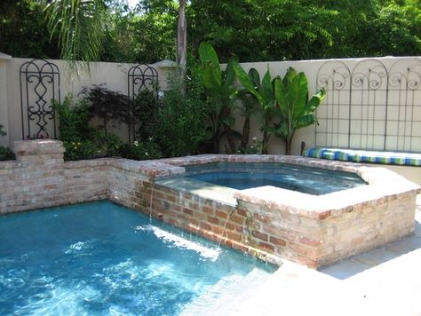 Kidney Shaped Pool Ideas With Hot Tub, Outdoor Kitchen Pavilion, Brick Pool, Pool Cottage, Wood Pool Deck, Country Pool, Round Spa, Spa Outdoor, Kidney Shaped Pool