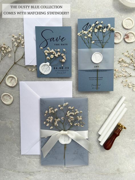 Dusty Blue Wedding Invites, Dusky Blue Wedding Theme, Dark Dusty Blue Wedding, Dusty Blue Rustic Wedding, Save The Date Vellum, Blue Gypsophila, 2023 Invitation, Dusty Blue Wedding Theme, Dusky Blue Wedding