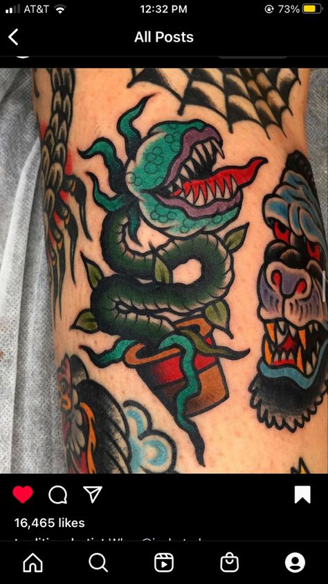 Little Shop Of Horrors Plant, Tattoo Sleeve Filler, Abstract Tattoo Ideas, Traditional Tattoo Inspiration, American Traditional Tattoo Ideas, Traditional Tattoo Ideas, Traditional Tattoo Designs, Tattoo Filler, Traditional Tattoo Sleeve