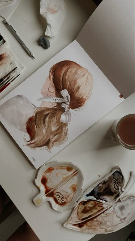 Watercolour Hair Painting, Painting Hair Watercolor, How To Watercolor Hair, Watercolor Hair Painting, Painting Hair Acrylic, Watercolour Painting Aesthetic, Aesthetic Watercolour Painting, Watercolor Hair, Watercolour Hair