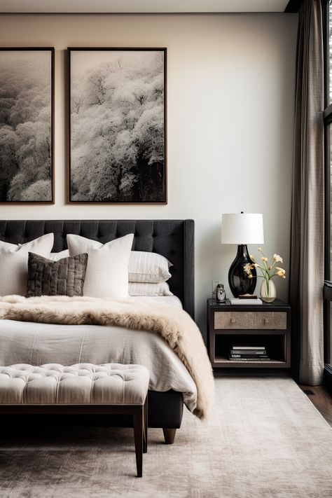 White Wall Moody Bedroom, Condo Master Bedrooms Decor, Dark Bed Bedroom, Black Headboard Master Bedrooms Decor, Master Bedrooms Black Headboard, White Walls Moody Bedroom, Bedroom Inspirations Modern Elegant, Primary Bedroom Moody, Moody Guest Bedroom Ideas