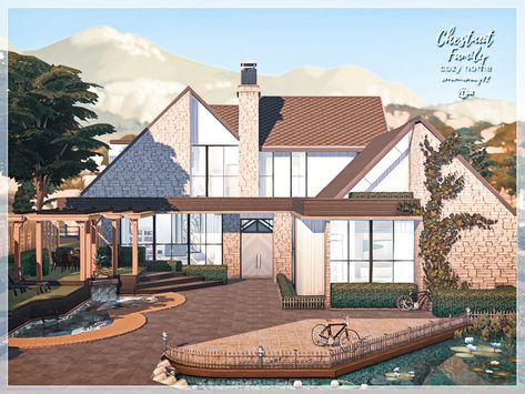 The Sims Resource - Chestnut Family Home No CC Sims 4 Family House, Sims 4 No Cc, Sims 4 Family, Summer Bedroom, Sims Building, English House, Cute House, Island Living, Romantic Garden