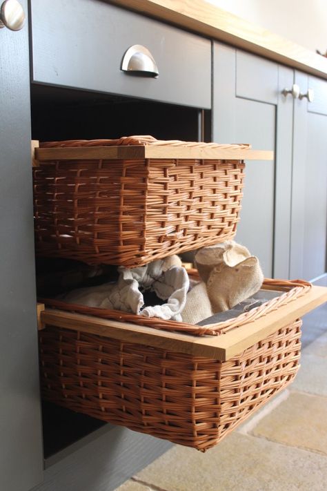 DIY Kitchens Basket Drawer Wicker Basket Kitchen, Wicker Basket Drawers, Basket Drawer, Cottage Kitchen Cabinets, Kitchen Diner Extension, Kitchen Basket, Diy Kitchens, Basket Drawers, Country Kitchen Cabinets