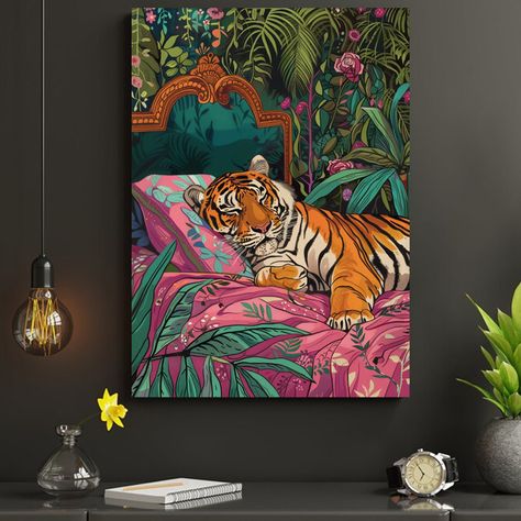 Faster shipping. Better service Bed Maximalist, Jungle Tapestry, Tiger Bedroom, Artwork Over Bed, Jungle Room Decor, Rosa Sofa, Jungle Wall Decor, Room Redecorating, Maximalist Wall Decor