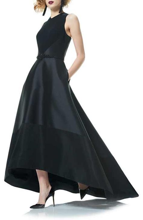 Theia Embellished High/Low Ballgown Long Back Dress, High Low Ball Gown, Mullet Dress, Dollar Dress, Theia Dresses, Theia Couture, High Low Evening Dresses, Black Dress Long, Silk Evening Gown