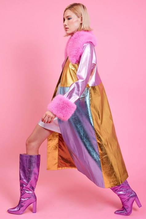 Pink Fur Coat, Faux Fur Fashion, Edm Fashion, Rave Babe, Fur Cuffs, Patchwork Coat, Catwalk Collection, Coat With Belt, Crazy Outfits