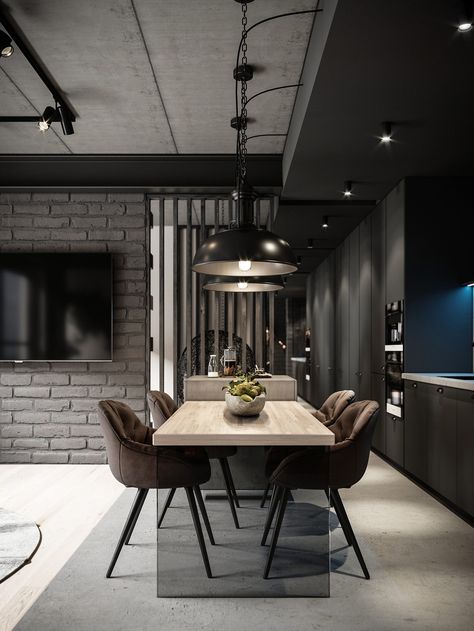 51 Grey Dining Rooms With Tips To Help You Decorate And Accessorize Yours Modern Industrial Apartment, Industrial Apartment Decor, Modern Industrial Interior, Dining Room Industrial, Серая Кухня, Dining Room Design Modern, Industrial Apartment, Grey Dining Room, Practical Lighting