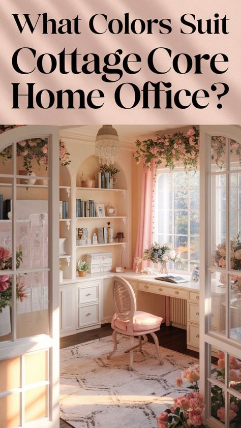 Soft pastels and vintage tones create a charming cottagecore home office. 🌸✨ Think muted greens, blush pinks, and creamy whites to evoke the era Victoria. 🕰️🌿 Add touches of floral patterns and wooden accents for a cozy vibe. 🧺 These colors reflect a romantic, nature-inspired aesthetic perfect for a serene workspace. 💖🍃 #cottagecoreaesthetic #casavintage #eravictoria #homeofficedesign #cottagecorelivingroom #decorationinspiration #dreamcottage #roomdeco Cottagecore Cubicle, Cottage Core Office Ideas, Cottage Office Ideas, Cottagecore Study, Office Earthy, Cottagecore Colors, Cottage Interiors Living Rooms, Rustic Workspace, Living Room Cottagecore