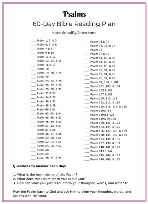 Free Psalms Bible Reading Plan 60 Days - Intentional By Grace 30 Day Psalm Reading Plan, Psalms Reading Plan, Psalms And Proverbs Reading Plan, Psalm Reading Plan, Topical Bible Reading Plan, Bible Marriage, Psalm 60, Psalm 75, Bible Plans