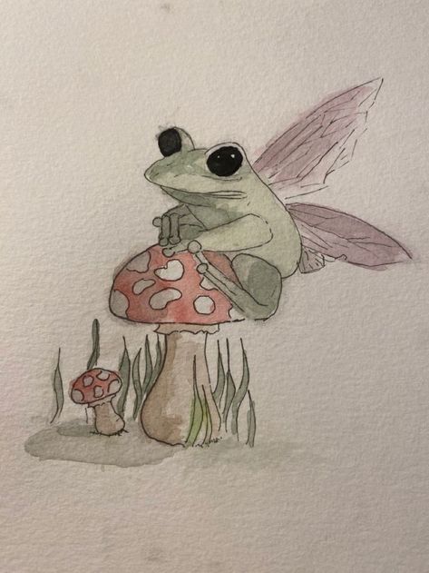 Frog With Wings Sketch, Fairy Drawings Cute, Frog Under Mushroom Drawing, Mushroom Drawing Fairy, Painting Journal Pages, Cool Indie Drawings, Fairy Mushroom Painting, Fairy Core Paintings Easy, Cottage Core Art Drawings