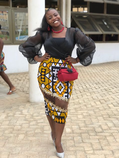 Organza Top And Ankara Skirt, Ankara Skirt Styles Classy, Short Skirt Styles, Lobola Dresses, African Dress For Ladies, Kitenge Styles, Ankara Pencil Skirt, African Formal Dress, Ankara Skirt Styles