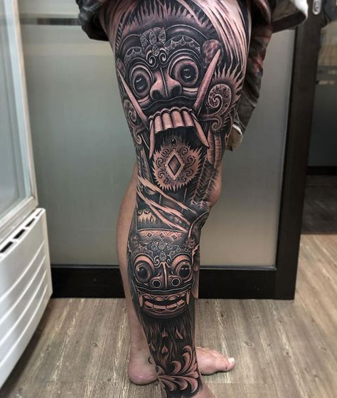 Cool Full Leg Tattoo Tato Full Leg, Big Leg Tattoos Men, Rangda Tattoo Design, Aztec Leg Tattoo, Leg Sleeve Tattoo Men Full Japanese, Foot Tattoo For Men, Asian Leg Tattoo, Full Leg Tattoo Design, Mayan Leg Sleeve