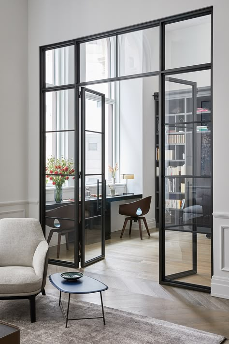 Frankford Double Doors with Sidelight by Amuneal Manufacturing Corp. Home Office Glass Wall, Glass Office Doors, Glass Partition Designs, Home Office Doors, Study Wall, Living Room Divider, Factory Architecture, Mulholland Drive, Glass Office