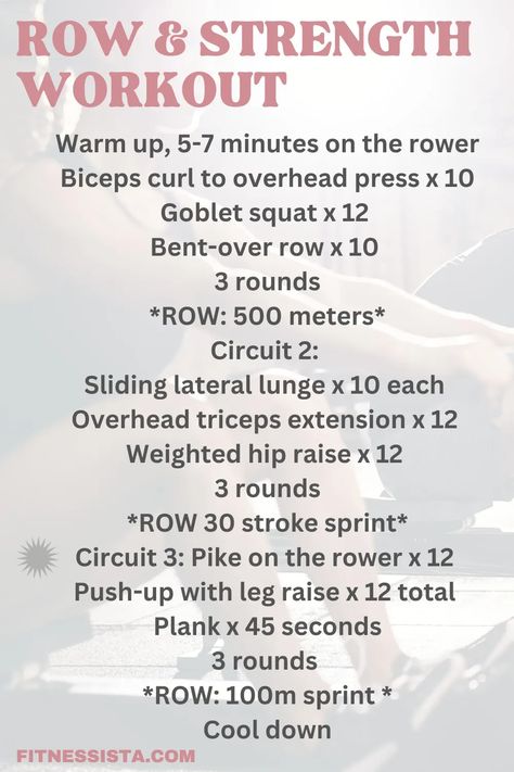 Row and strength combo workout (+ video tutorial) - The Fitnessista Row Circuit Workout, Row And Strength Workout, Rowing Wod, Rowing Machine Workout, Rowing Workout, Hip Raises, Lateral Lunges, Overhead Press, Body Strength