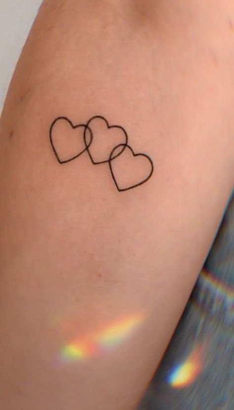 Small Heart Tattoos For Women On Wrist, Small Heart Friendship Tattoo, Small Colored Heart Tattoo, 3 Mini Heart Tattoo, Two Love Heart Tattoo, 3 Hearts With Initials Tattoo, Connecting Heart Tattoos, Tattoo Ideas For Girlfriends, 3 Love Heart Tattoo