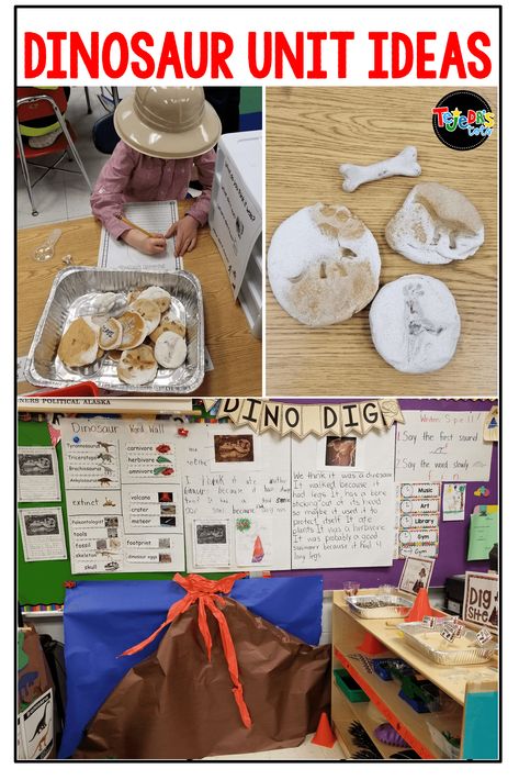 Ideas for a dinosaur unit in kindergarten and first grade. Making and studying fossils, digging for fossils, dinosaur centers, volcano, math, and more! #tejedastots Dinosaur Centers, Fossils Dinosaur, Dinosaurs Kindergarten, Dinosaur Unit Study, Dinosaur Display, Dinosaur Lesson, Dinosaur Activities Preschool, Ideas For Kindergarten, Kindergarten Units