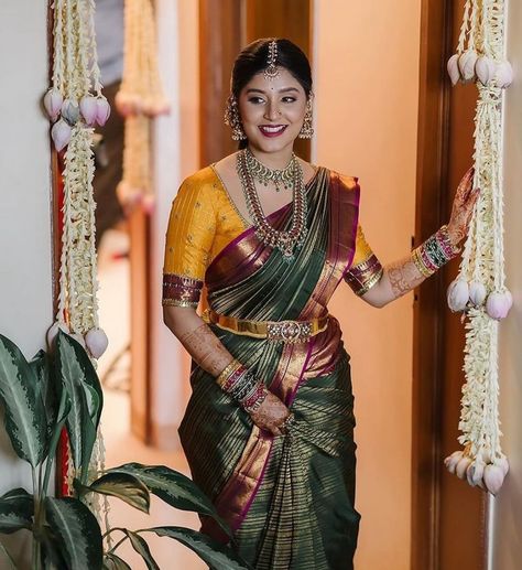 Telugu Wedding Blouse Designs, Green Muhurtham Saree, Saree In Half Saree Style, Green Bridal Saree South Indian, Muhurtham Saree South Indian Bride, South Indian Bridal Sarees, Seemantham Saree Ideas, Green Kanchipuram Saree, Green Pattu Saree