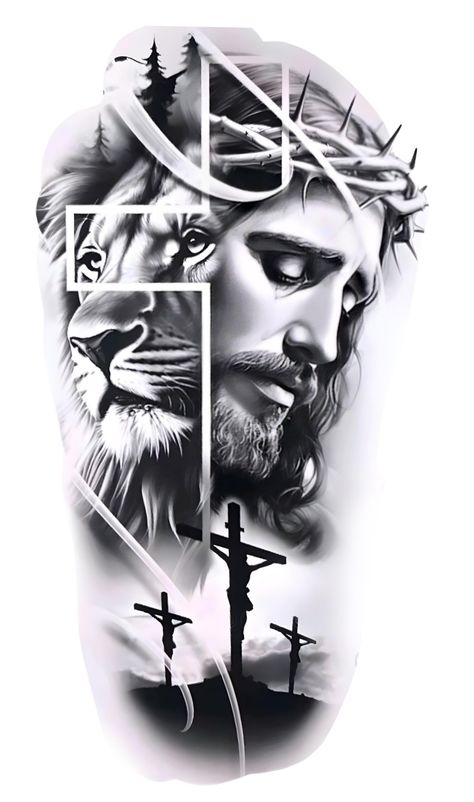 Half Lion Half Jesus Face Tattoo, Tattoo Jesus, Aztec Warrior Tattoo, Baby Angel Tattoo, Egyptian Eye Tattoos, Jesus Tattoo Design, Animal Tattoos For Men, Tattoo Ideas Males, Bible Tattoos