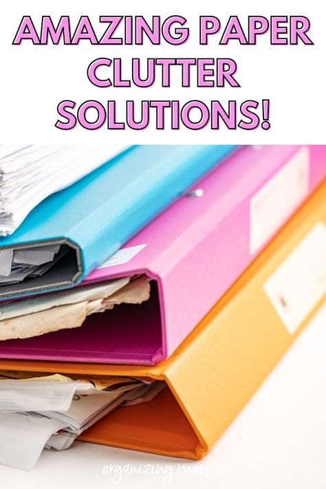 Colorful binders full of papers. Text says Amazing Paper Clutter Solutions! Paper Clutter Solutions, Home Filing System, Paper Clutter Organization, Clutter Solutions, Declutter And Organize, Organizing Paperwork, Paper Clutter, Clutter Organization, Organized Mom