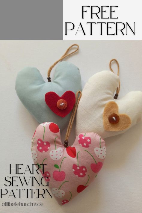 This is a free sewing pattern and tutorial on how to make a fabric heart that can be hung on a door, hook or drawer.  It is approximately 10 cm in size. Heart Sewing Pattern, Heart Sewing, Free Sewing Pattern, Fabric Hearts, Fabric Heart, 3d Heart, Stitch Lines, Heart Pin, Tiny Hand