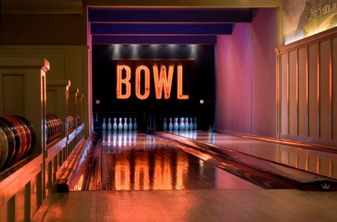 Custom neon sign mounted to full curtain wall. No masking unit present. Bowling Alley Design, Home Bowling Alley, Alley Ideas, Bowling Lane, Bowling Design, Bowling Center, Home Theater Installation, Lottery Win, 달력 디자인